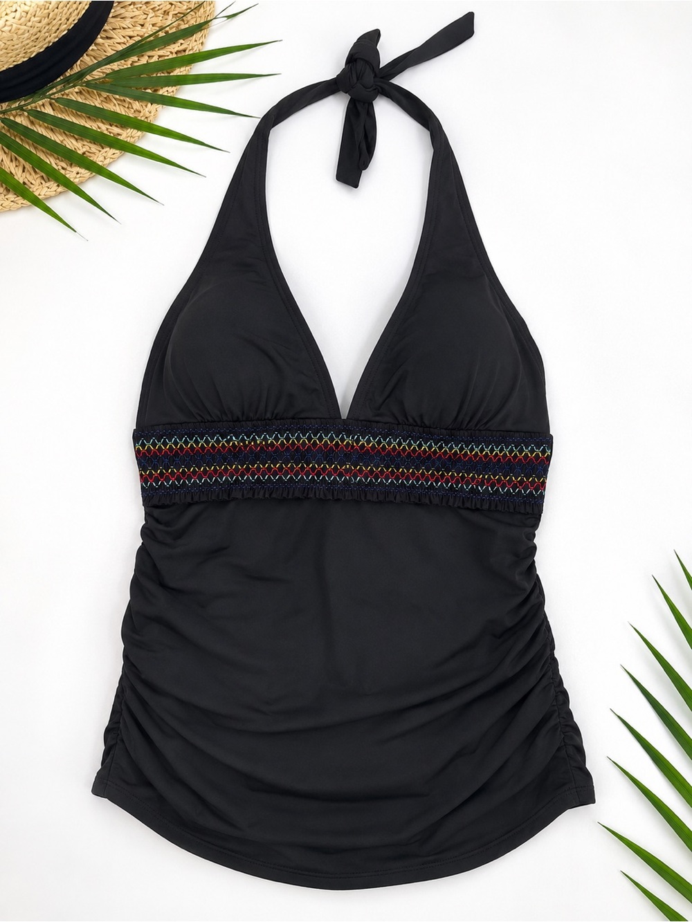 Bleu Rod Beattie Black Halter Tankini Top Size 8 Ruched Removable Cups Swim
